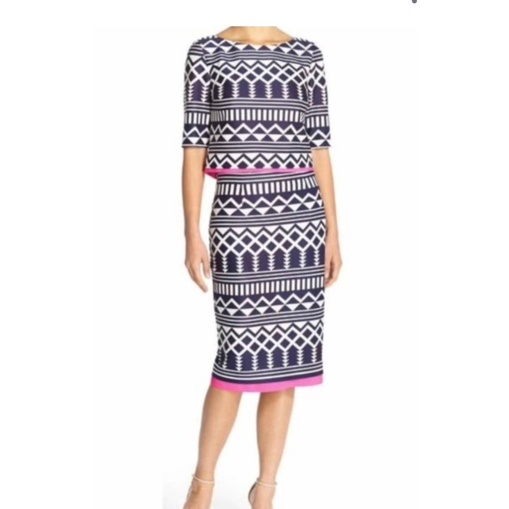 Eliza J Geometric Navy Pink Skirt Set Crop Top Pencil Skirt EJ6P0671 Womens 0P